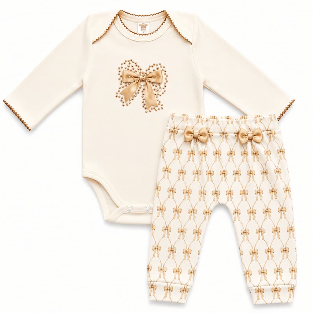 Conjunto Bebê Menina Body Manga Longa Com Pérolas Laço Calça Estampada Luxo Premium Suedine Algodao Roupa Bebê Menina