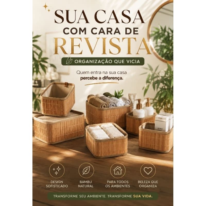 Kit 3 Cestos Organizadores  em Bambu – Caixa Organizadora para Closet, Banheiro e Gavetas Decorativo