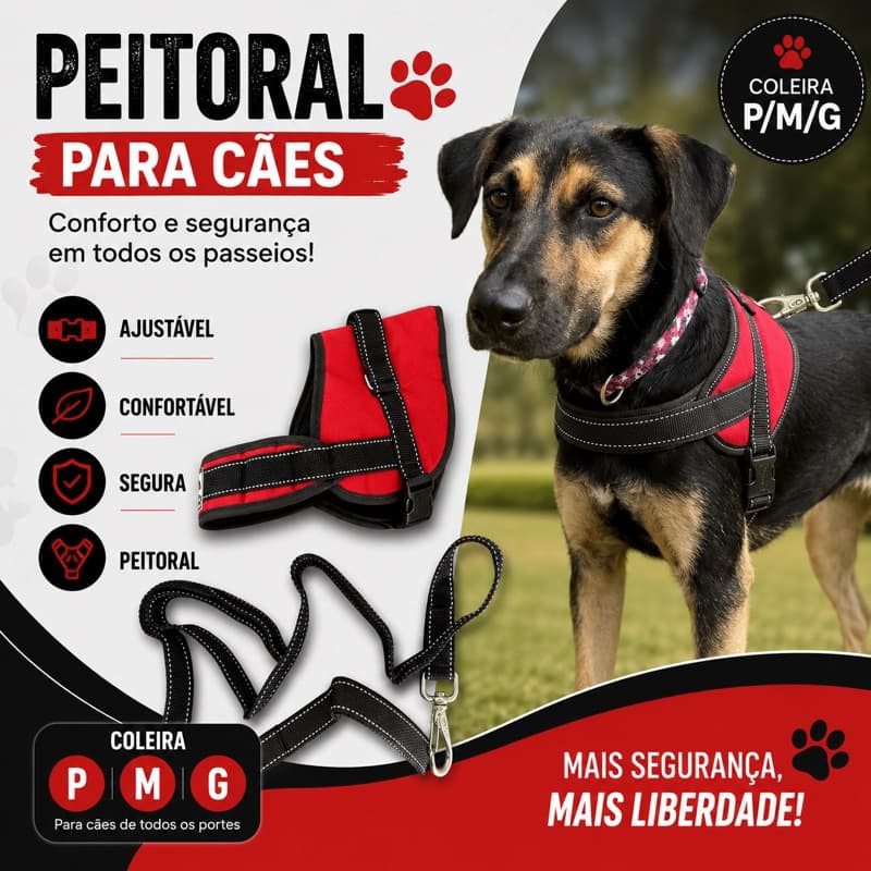 Coleira Peitoral Guia Para Cachorros Pequenos, Médios e Grandes  Antipuxão Reforçada Ajustável
