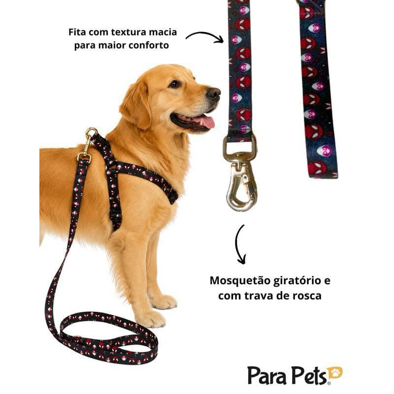 Coleira Guia Peitoral Spider Spidey homem aranha para Cachorros e Pets Vários Tamanhos com mosquetão trava rosca