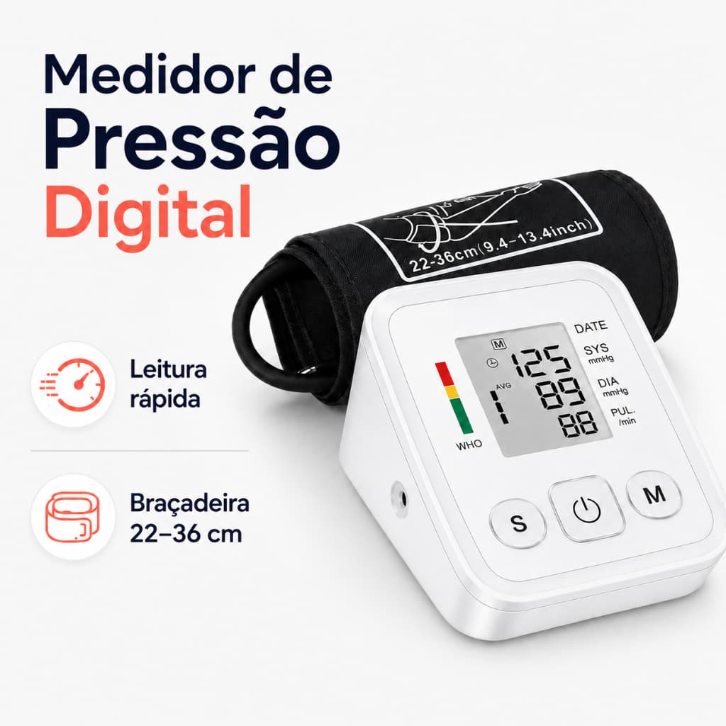 Aparelho Medidor de Pressão Arterial Digital de Braço Automático Esfigmomanômetro Portátil