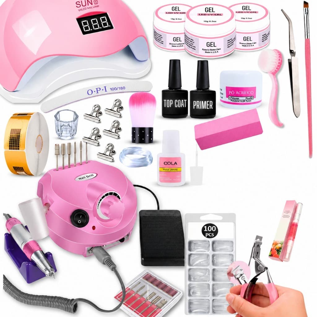 Kit Unhas em Gel Completo Profissional Manicure Cabine Sun5 Lixadeira Porquinho