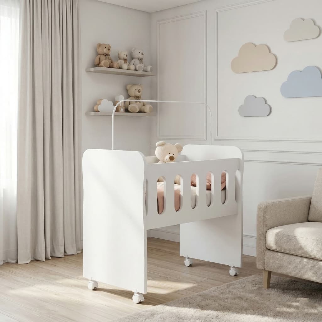Berço Mini Berço Multifuncional Colchão Incluso MDF Branco Premium Com Rodízio Para Bebê Compacto