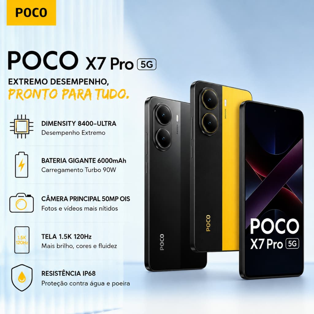 Xiaomi POCO X7 Pro 5G 256GB 512GB Tela 1.5K 120Hz Câmera 50MP 6000mAh NFC Smartphone Global