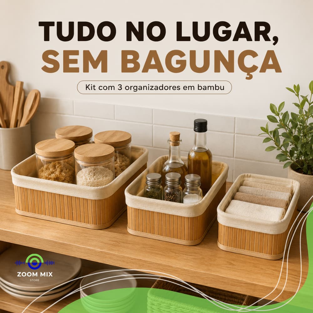 Kit 3 Cesto Organizador Bambu Multiuso com Forro Caixa Organizadora para Cozinha Banheiro Quarto