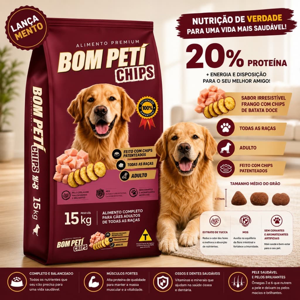 Ração Cachorro Adulto 15kg Bom Petí Dog Chips Premium Frango e Chips de Batata Doce
