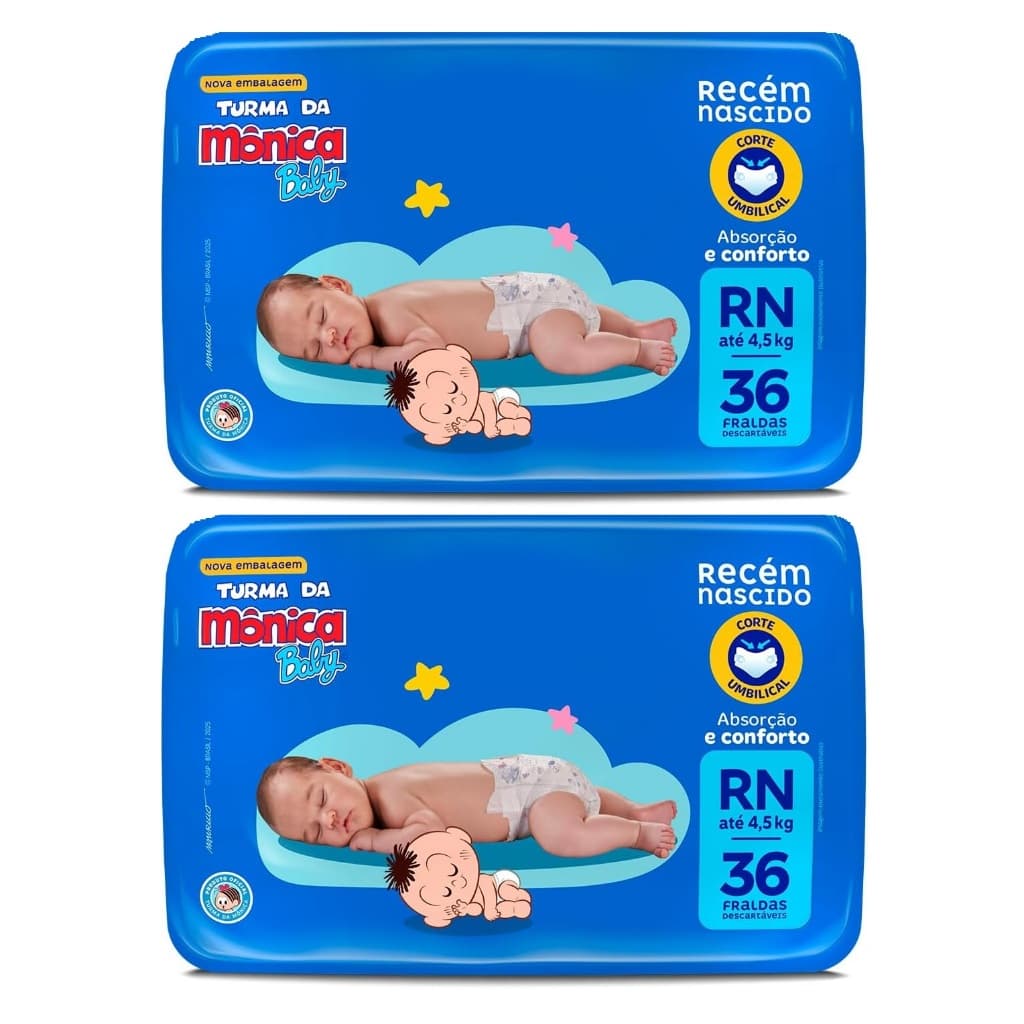 Kit 2pacotes Fralda RN Turma da Mônica 36un cada - Total 72un