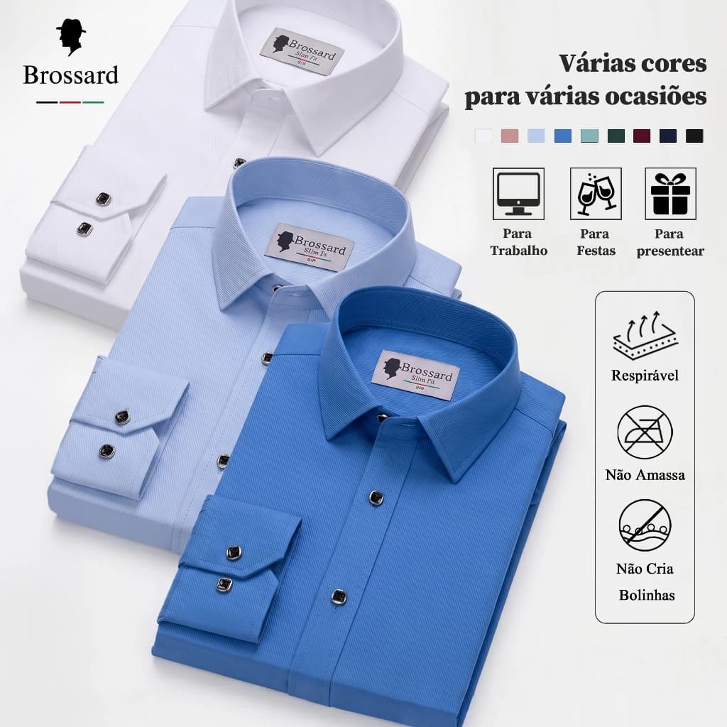 Camisa Social Roupa Masculina Algodão BROSSARD Slim Confortável, Blusa Estilosas Casual Dia a Dia