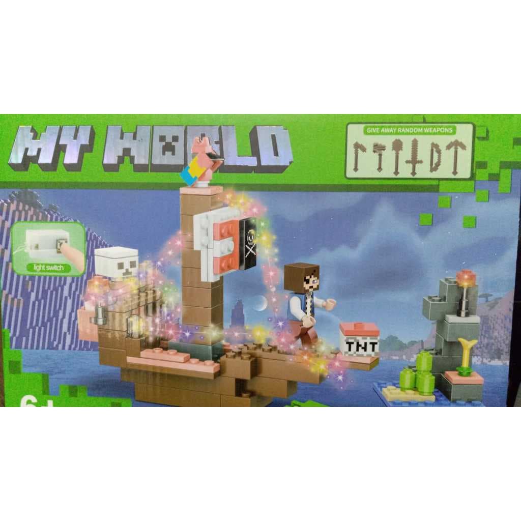 Blocos Construcao Minecraft tipo Lego De Montar Barco Pirata com Luz Led