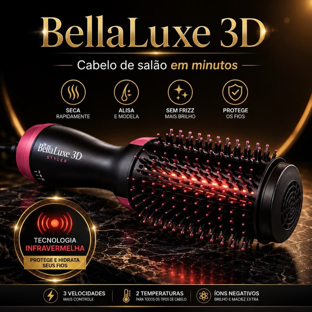 Escova Secadora 3 em 1 BellaLuxe Seca Alisa e Modela Cabelo Sem Frizz Profissional c/ Íons Negativos