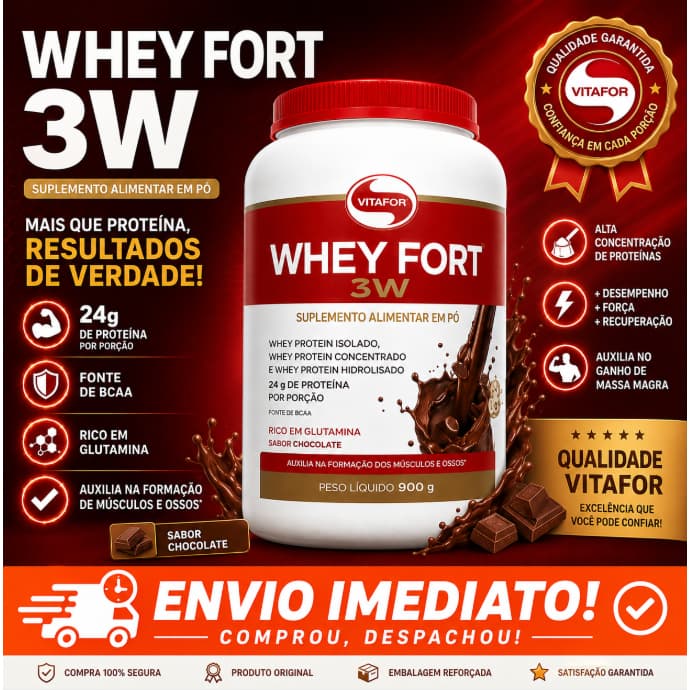 Whey Protein 3W Vitafor 900g Chocolate | Whey Isolado Concentrado Hidrolisado | 24g Proteína | Ganho de Massa Muscular