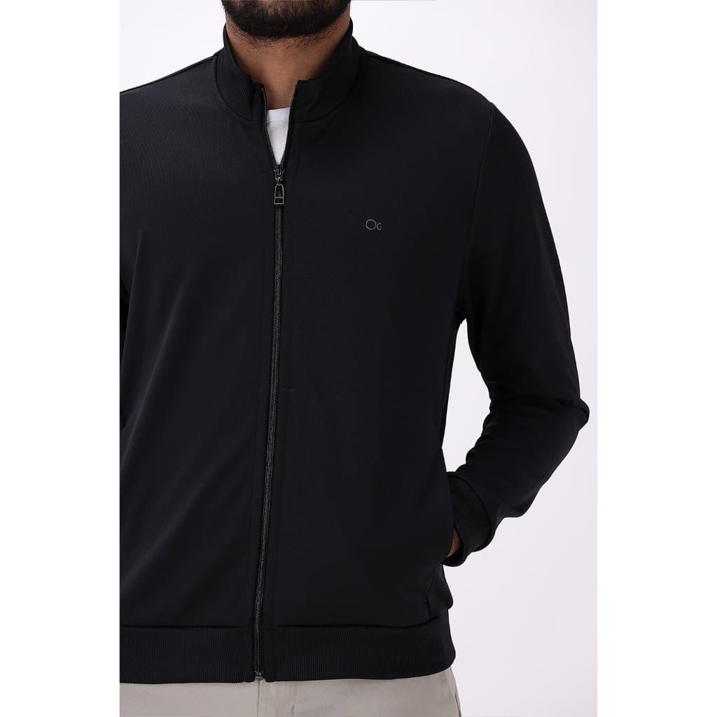 JAQUETA POLIÉSTER COM ELASTANO MASCULINA OGOCHI PRETA ABRIGO COM ZÍPER CASUAL BÁSICA