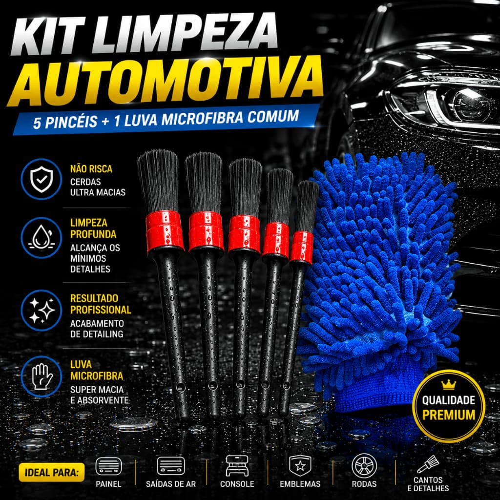 Kit Limpeza Automotiva 5 Pincéis Detalhamento Luva Microfibra Carro
