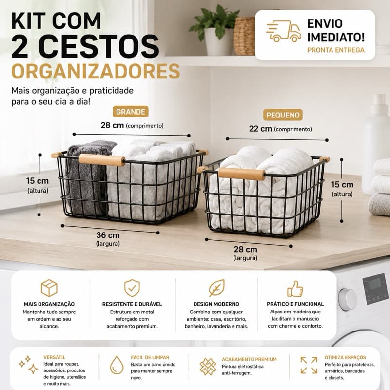 Kit 2 Cestos Organizador Closet Lavanderia com Alça Multiuso Preto - Roupa Suja, Banheiro, Quarto
