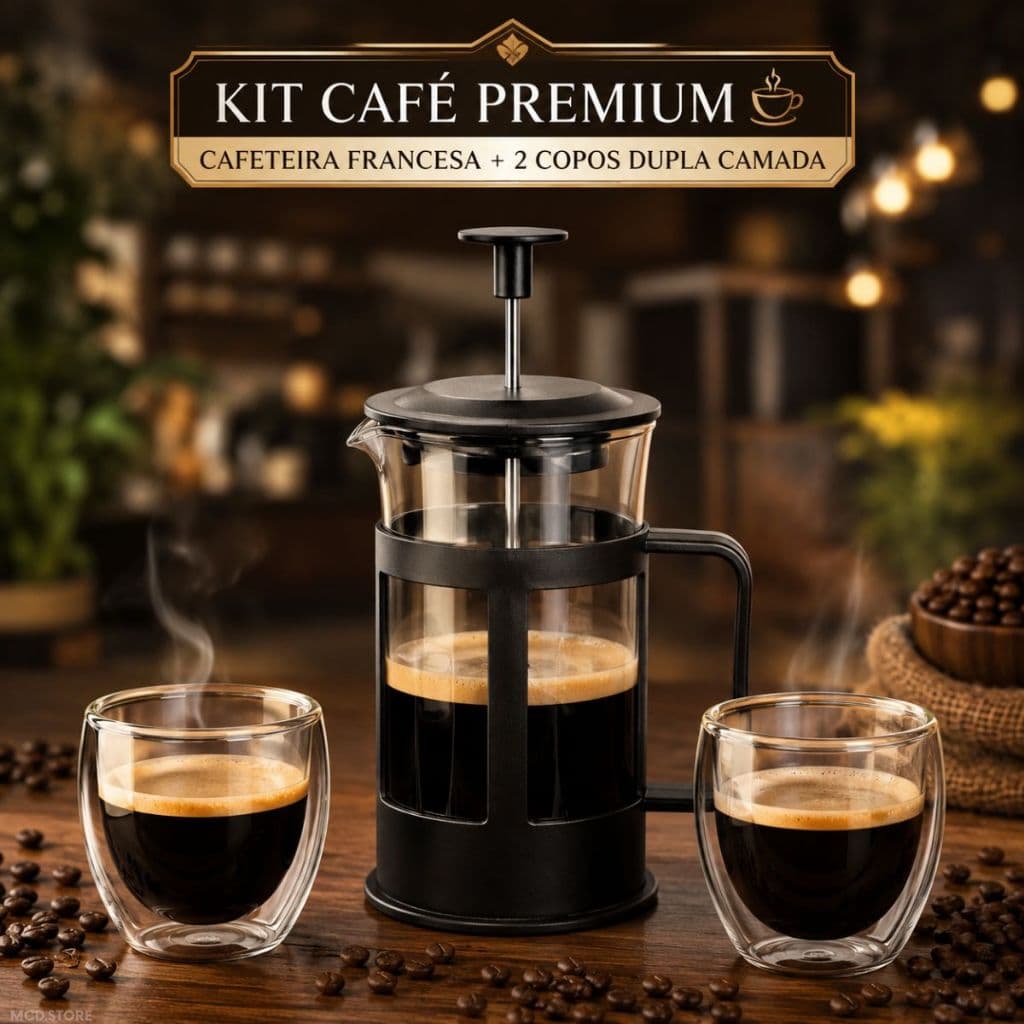 Kit Cafeteira Francesa 300ml ou 600ml + 2 Copos Vidro Dupla Camada 90ml Café Chá Leite Expresso infusões Casa Escritório