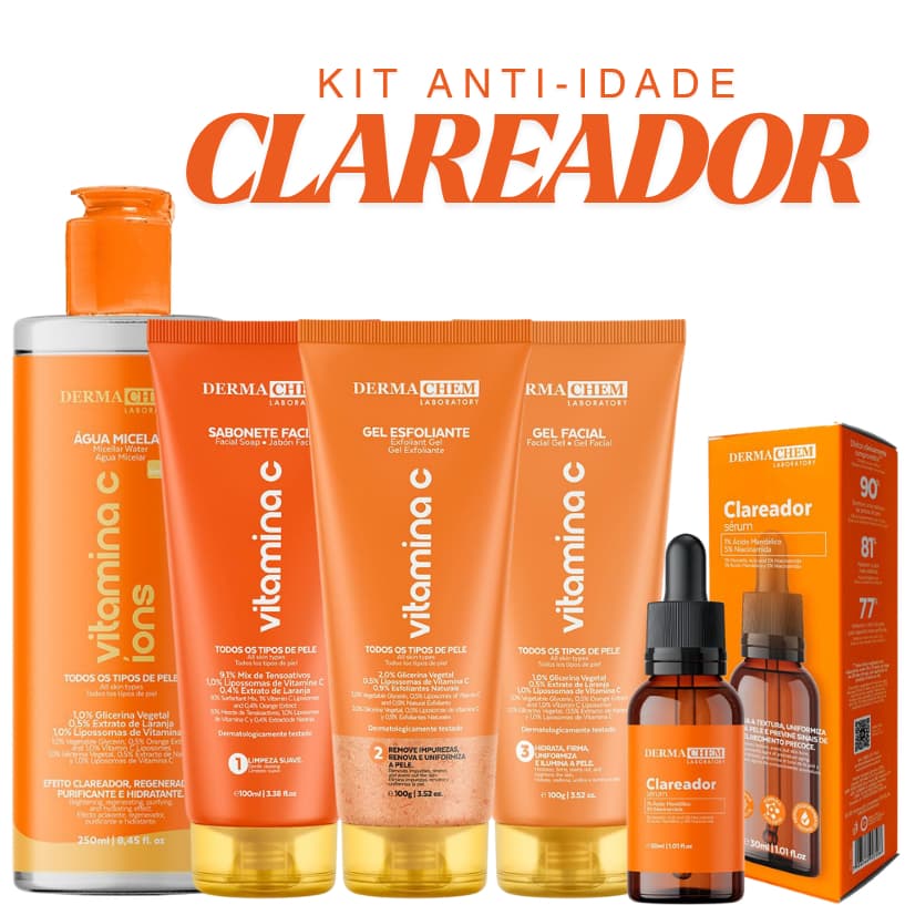 Kit 5 Itens Completo SkinCare Clareador Vitamina C Dermachem Sérum Sabonete Esfoliante Água Micelar Hidratante
