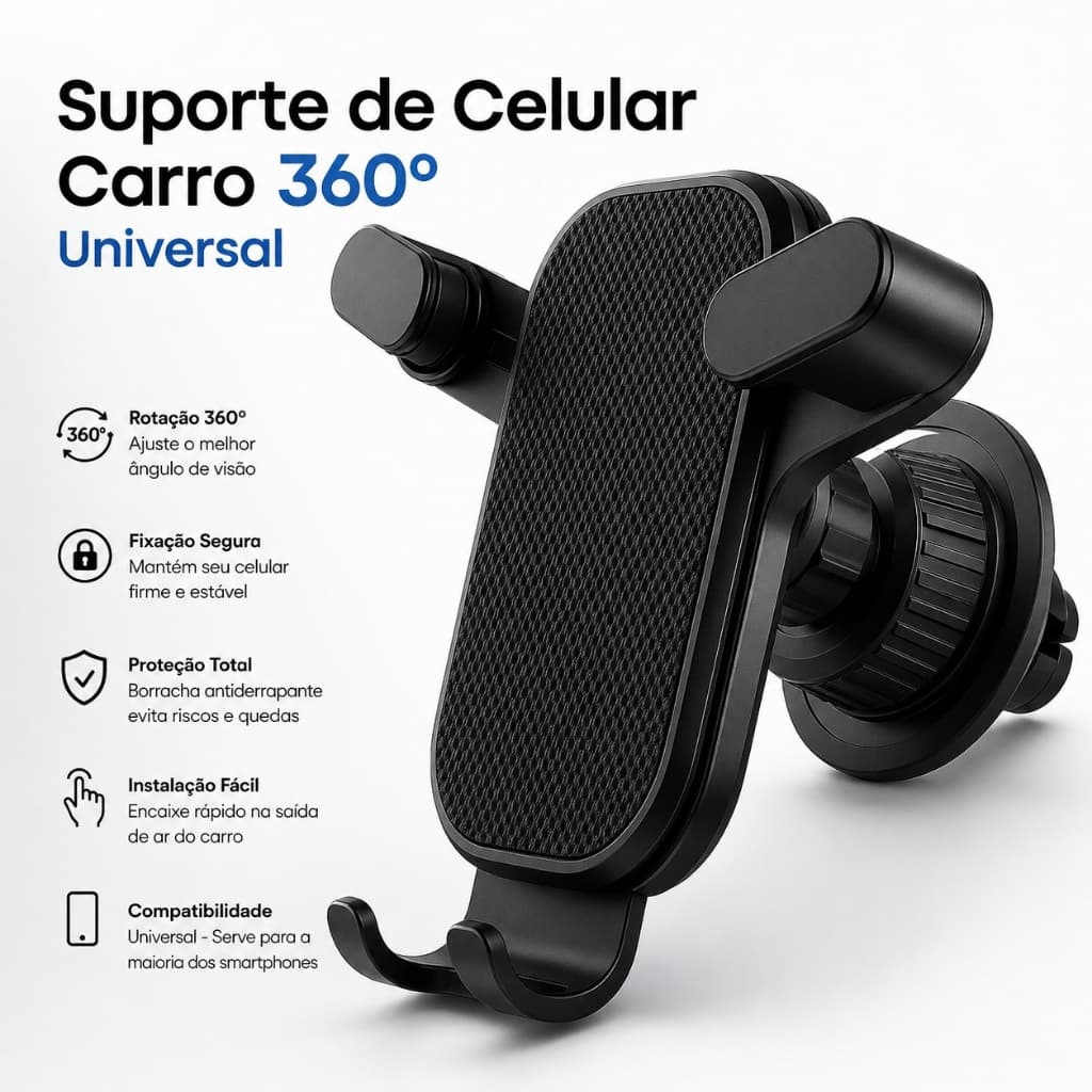 Suporte de Celular Carro 360º Giratório Universal Multifuncional Ventilacao Ar Condicionado Veicular