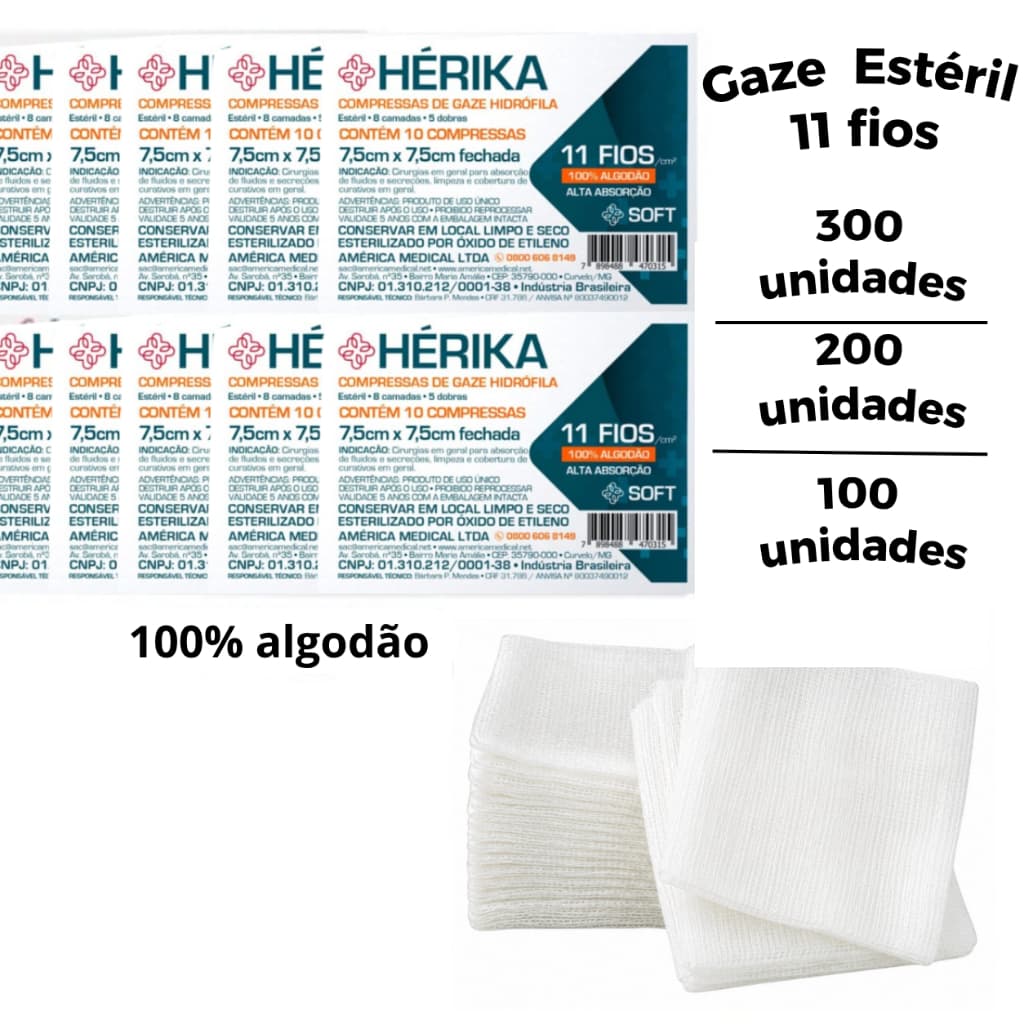 Compressa Gaze Estéril 11 Fios Hérika Cirúrgica Para Curativo Feridas 7,5x7,5cm - Kit 300un | 200un | 100un