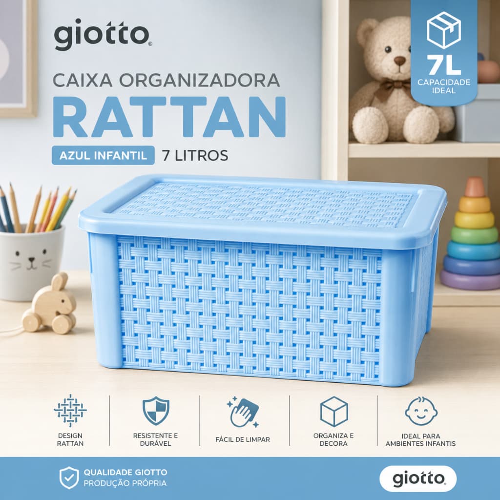 Caixa Organizadora Rattan Infantil 7L Azul com Tampa Cesto Multiuso Organizador para Brinquedos Quarto Criança Banheiro