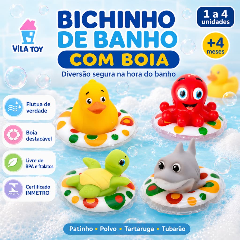 Bichinho de Banho Bebê Flutuante Vinil Macio Patinho Polvo Tubarão Tartaruga Atóxico Banheira Vila Toy INMETRO 4m+
