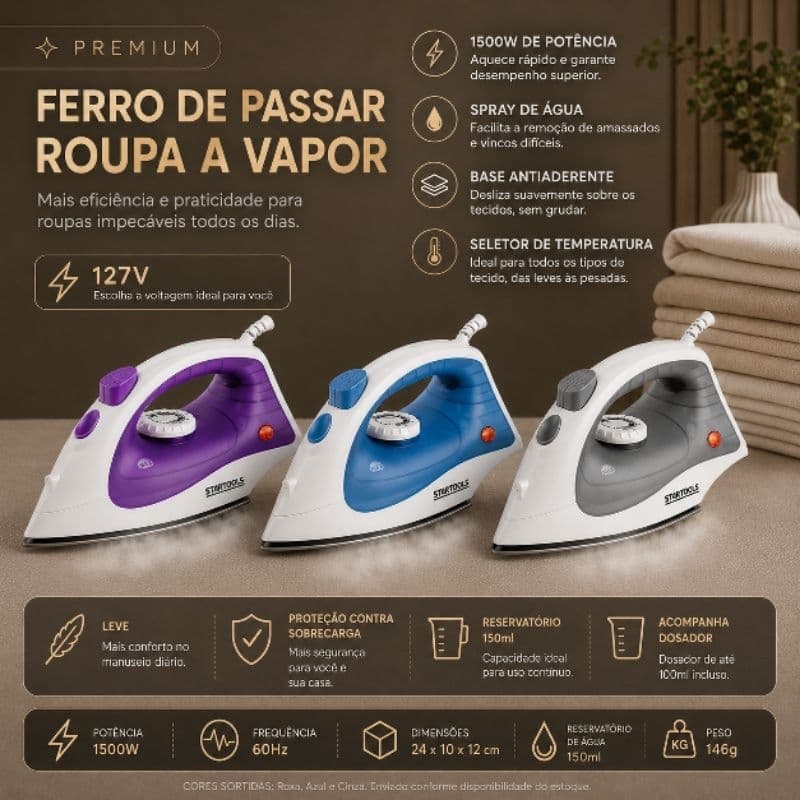 Ferro de Passar a Vapor 127V Premium Potente Base Antiaderente Spray Cores Sortidas