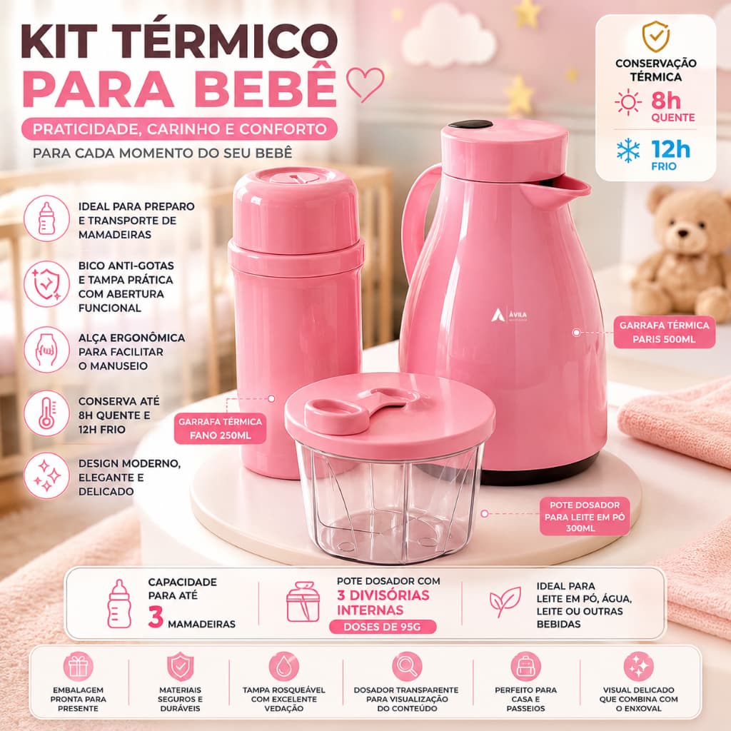 Kit Bebê Garrafas Térmicas e Pote Dosador Para Leite Em Pó Kids Infantil Mãe Passeio Unitermi Unibaby