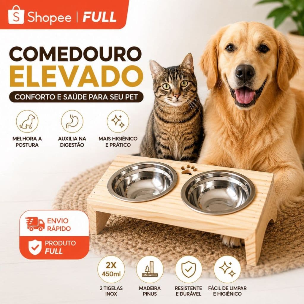 Comedouro Elevado Duplo Pet Cachorro Gato 2x450ml Madeira Pinus Tigela Inox Ergonômico Premium