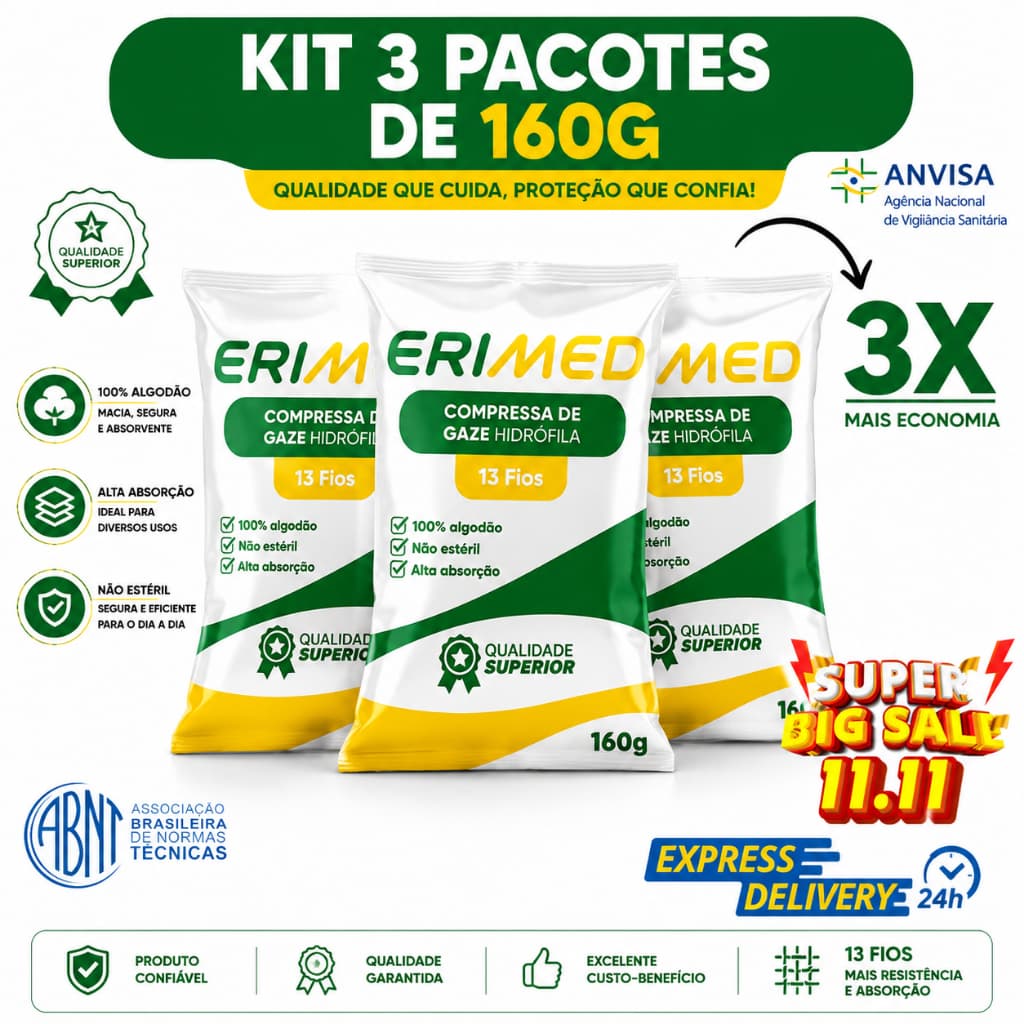 Kit 3x Compressa De Gaze 13 Fios Pacote 160 Gramas Hidrófila Gazes Descartável Anvisa Kit 480g