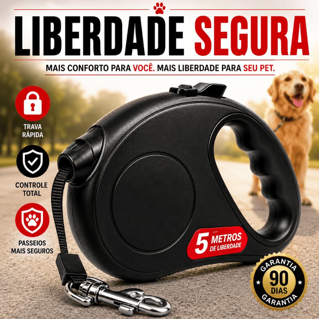 Coleira Guia Retrátil 5 Metros Pets Cachorro Cães Gatos Resistente Com Trava Até 10kg