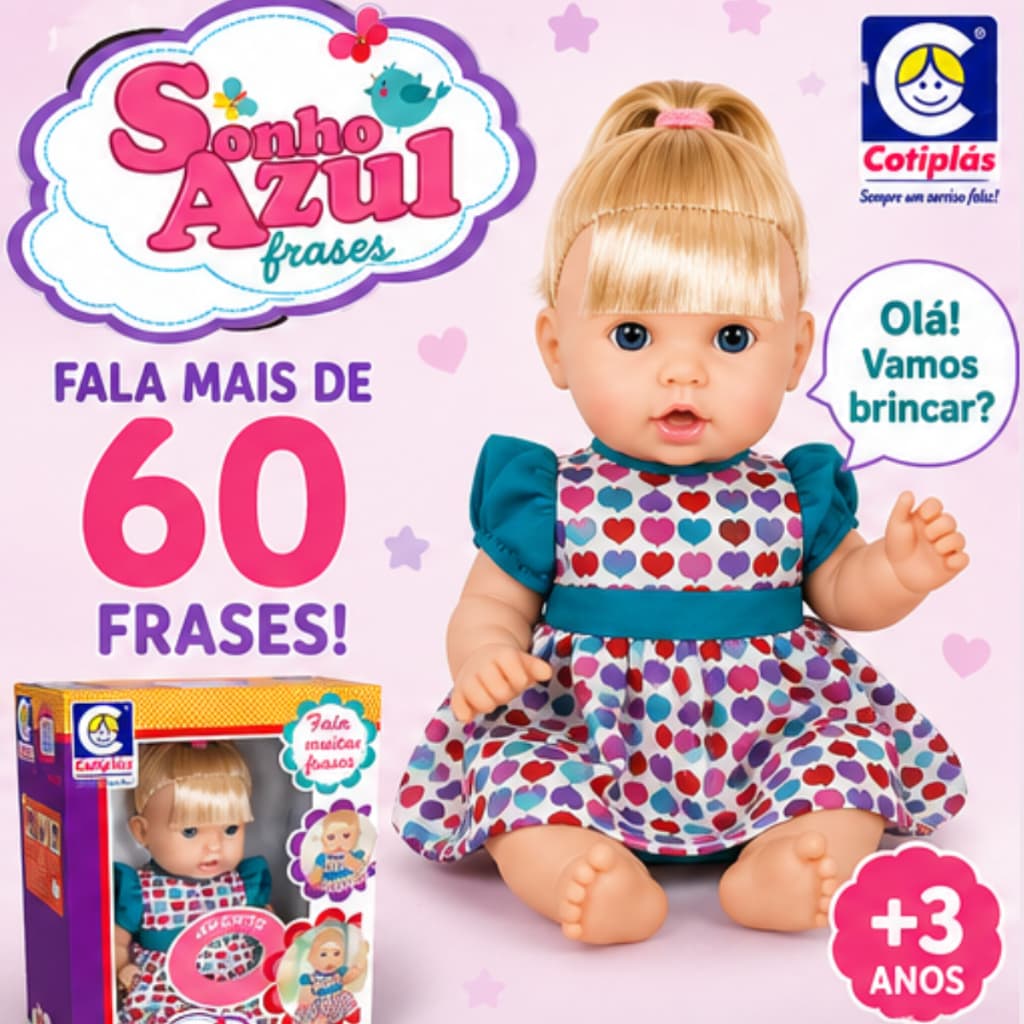 Boneca Que Fala 60 Frases Sonho Azul 32cm Com Cabelo Loiro de Verdade Roupinha Articulada Cotiplás