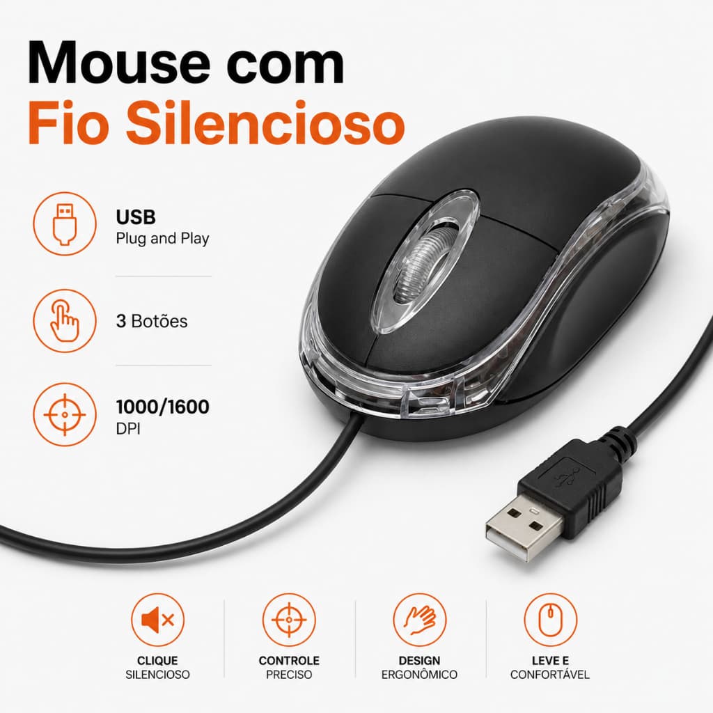 Mouse com Fio Silencioso H'maston MS01 USB 3 Botões 1000/1600 DPI para PC Notebook Escritório MS01