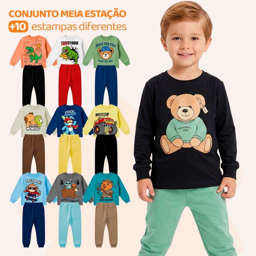 Kit Sortido 4 Peças de Roupas Masculino Infantil Inverno Meia Estação – 2 camisas manga longa + 2 calças de Moletom