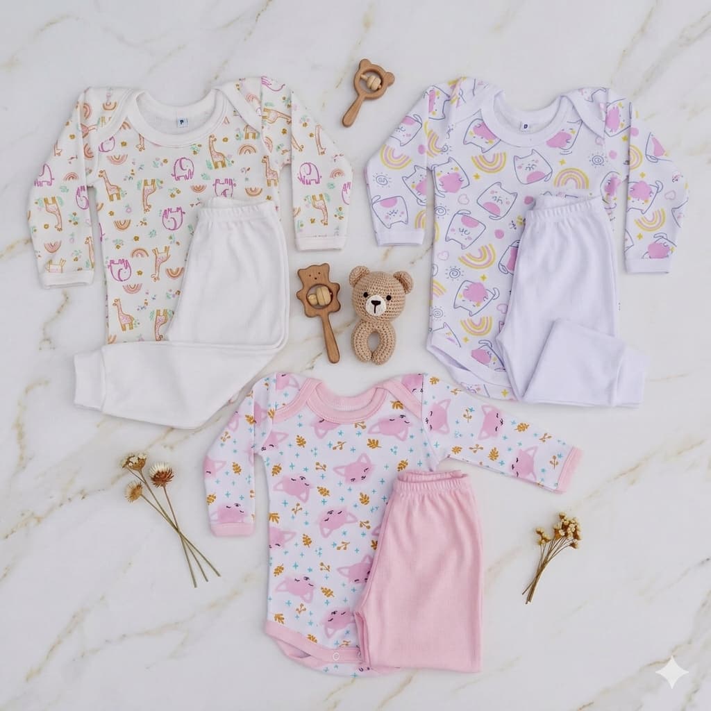 Kit 6 Peças Conjunto De Bebe Roupa Infantil Body Manga Longa Menina Menino
