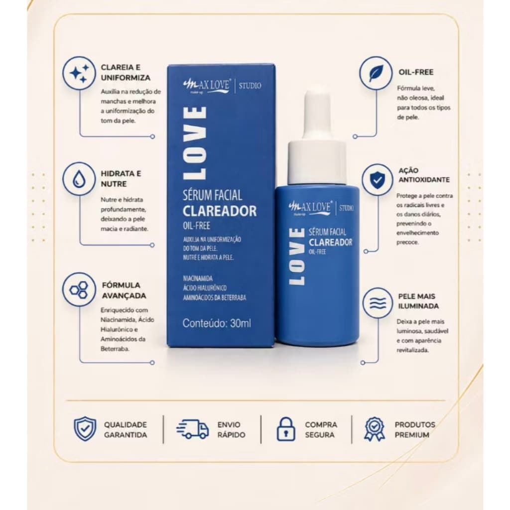Sérum Facial Max Love com Vitamina C e Ação Hidratante para Todos os Tipos de Pele
