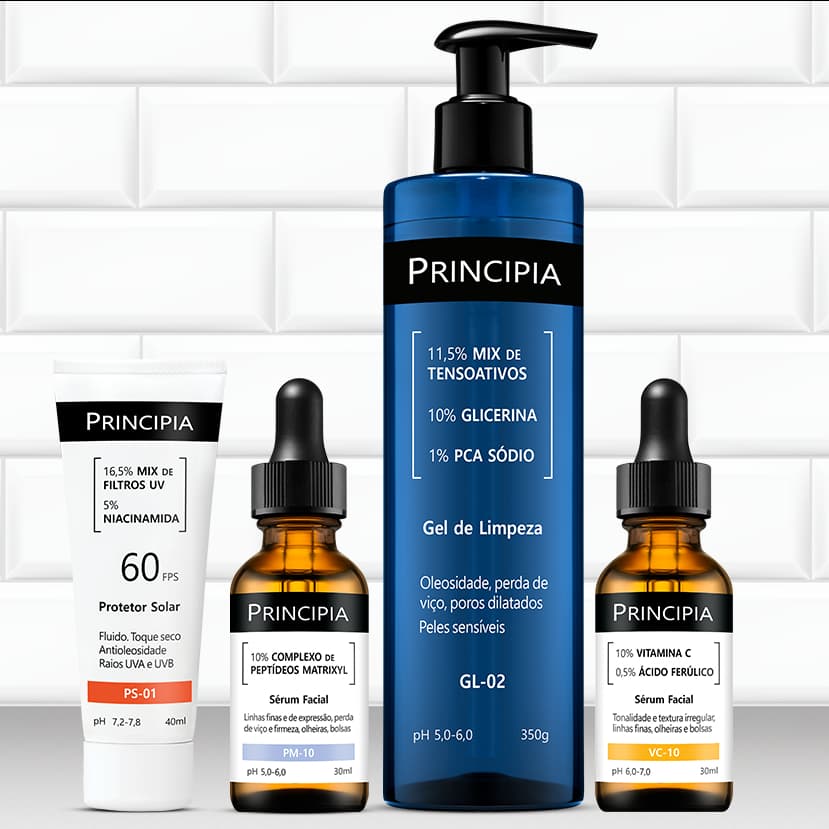 Principia Kit Avançado: Gel de limpeza, Sérum Vitamina C-10, Sérum Peptídeos Matrixyl, Protetor solar facial