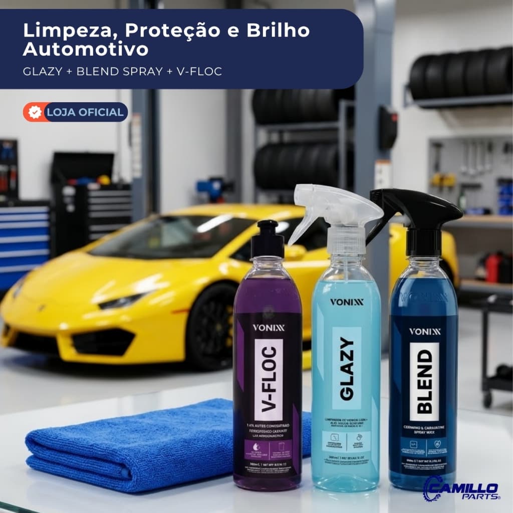 Kit Vonixx Limpa Vidros Glazy + Blend Spray + Shampoo V-FLOC 500ml Limpeza Carros