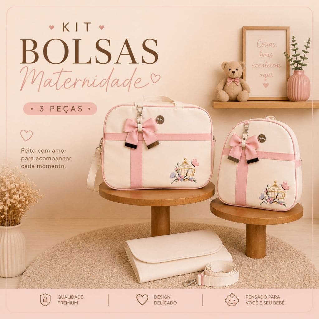 Bolsa Maternidade Luxo Kit 3 Peças Bordado Impermeável Safari para Enxoval Bebê