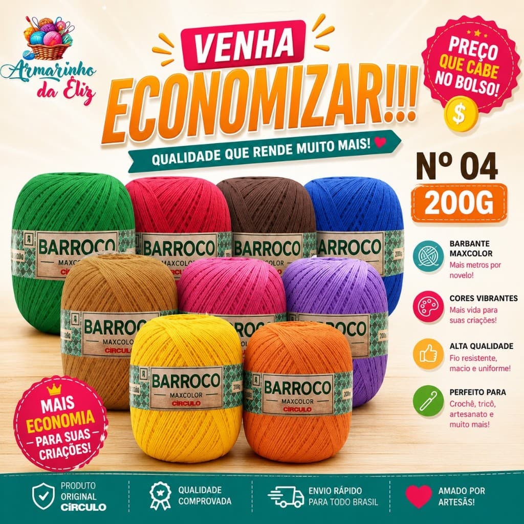 Barbante Barroco Círculo N°4 200g 100% Algodão– Perfeito para crochê e tricô: crie tapetes, mantas