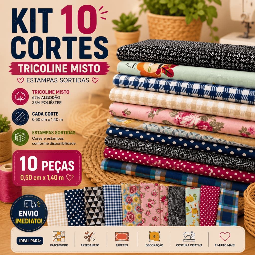 KIT 10 CORTES TRICOLINE ESTAMPADO - 0,50x1,40 ARTESANATO,PATCHWORK E COSTURA CRIATIVA