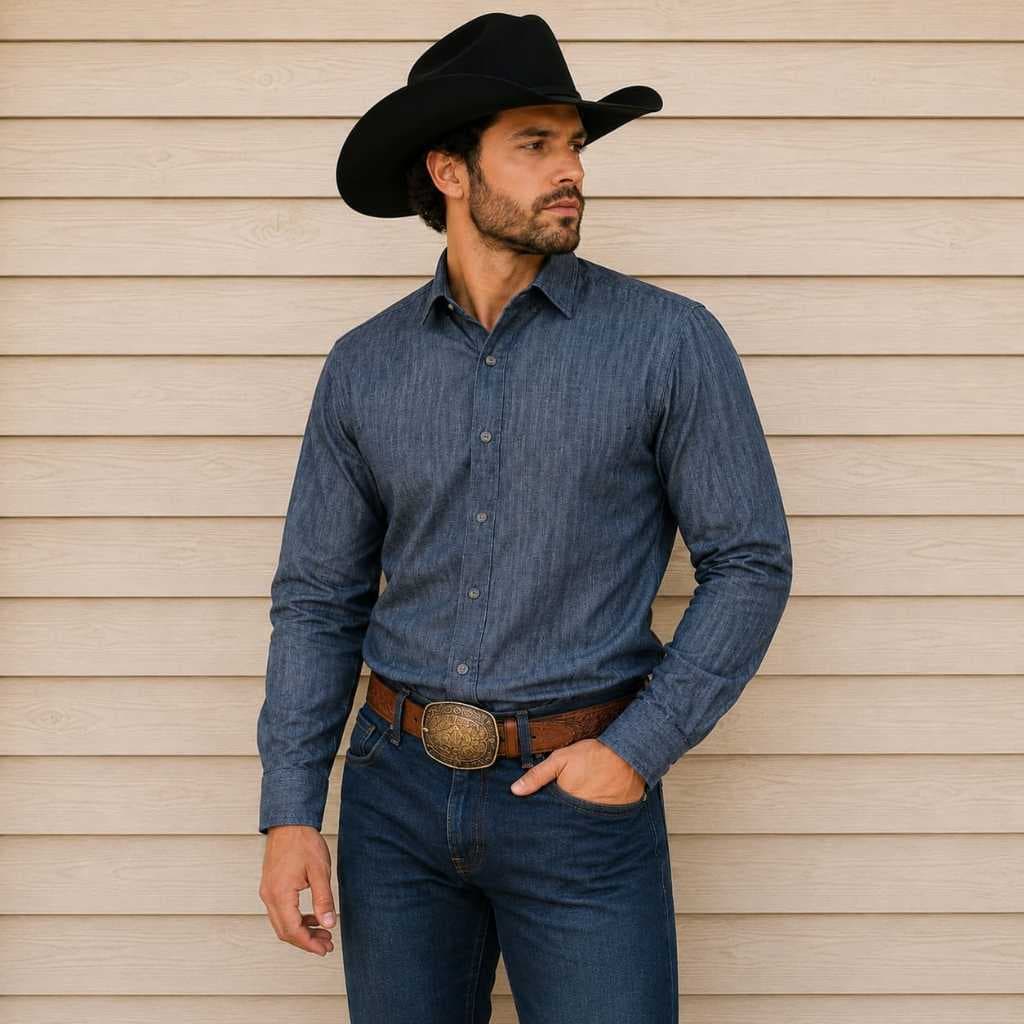Camisa Jeans Tencel Social Comfort Masculina Elegante Manga Longa Jaqueta Algodão