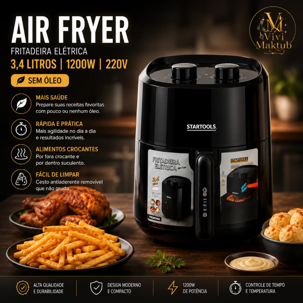 Air Fryer 3,4L 1200W Fritadeira Elétrica Sem Óleo 220V