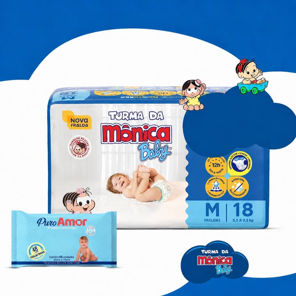 Kit Pacote de Fralda Descartável Turma da Mônica Tamanhos XG / XXG + Lenço Umedecido