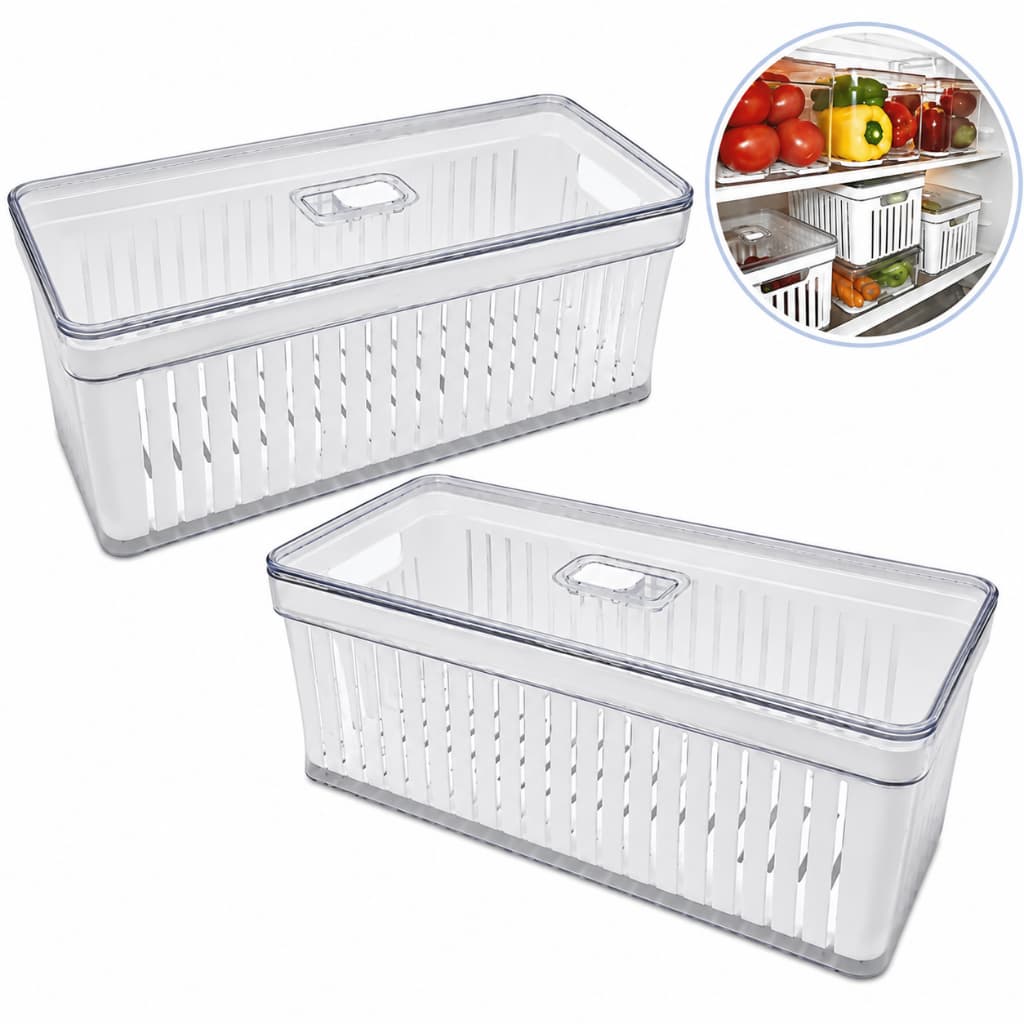 Kit com 2 Organizadores de Geladeira Grandes Clear 6,8L com Cesto de Drenagem e Tampa