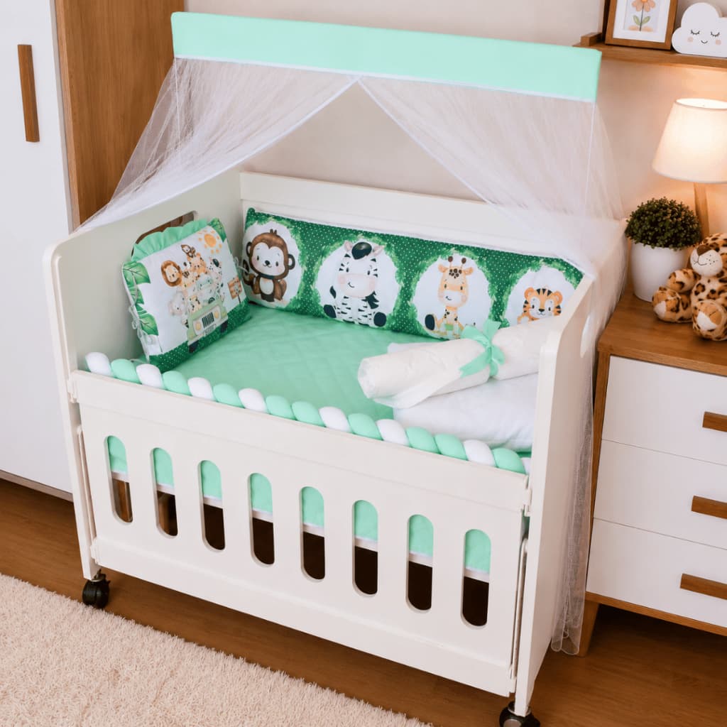 Kit Mini Berço Safari Verde Bebê Menino 10 Peças com Trança Protetor Mini Bebe Enxoval Completo