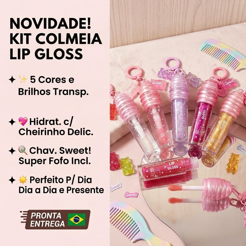 Kit2PC OR 5PC Gloss Labial Infantil Hidratante Brilho Transparente Long Lasting Com Chaveiro Fashion