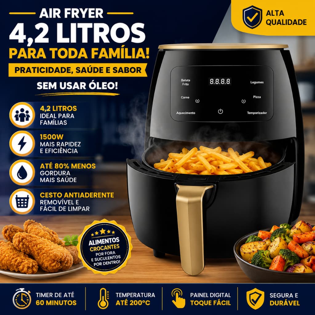 Fritadeira Elétrica 4,2 Litros 1500W 127v Digital Sem Óleo Timer Antiaderente Fácil Limpeza - BARUCH