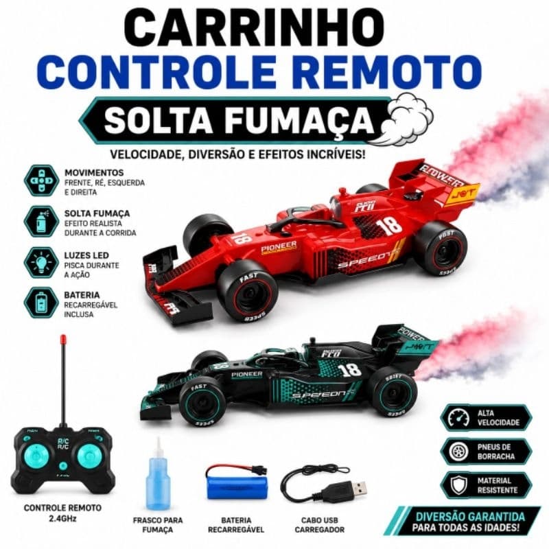 Carrinho de Controle Remoto Fórmula 1 Solta Fumaça