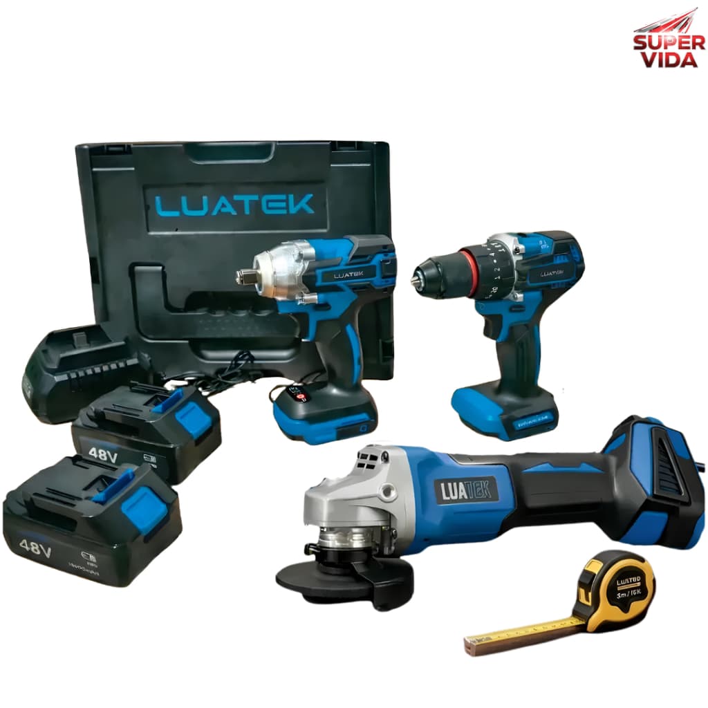 Kit Ferramentas Sem Fio Profissional 3 em 1 Parafusadeira Impacto Esmerilhadeira A Lítio 48V 2 Bat