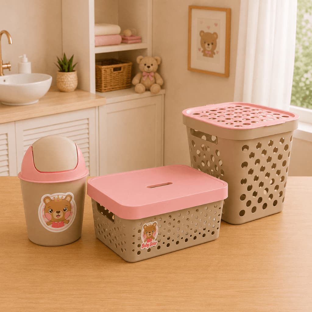 Kit Banheiro Baby Bebê Cestos Roupas E Lixeira Menina Rosa - Kit Organizador infantil 3 peças