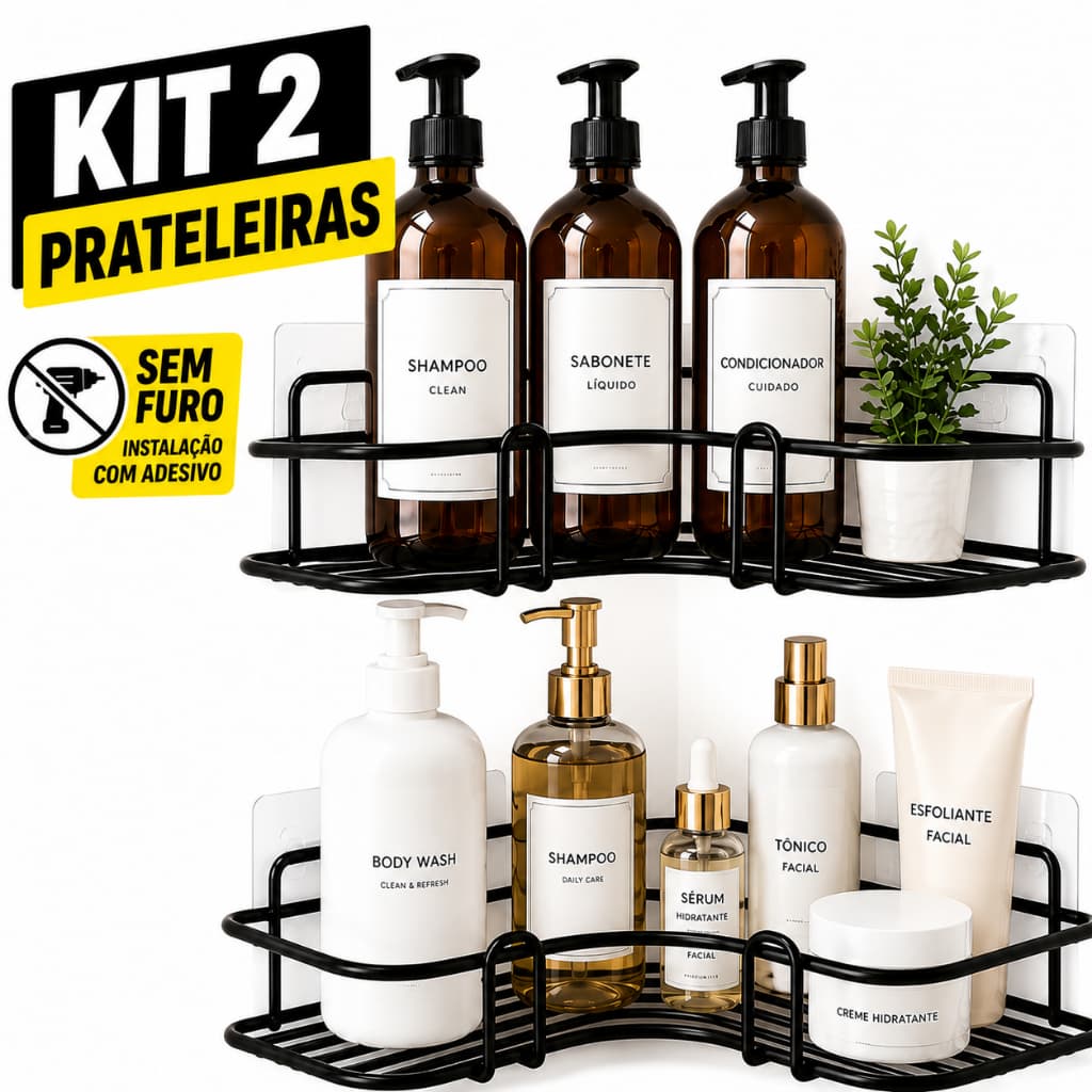 Kit 2 Prateleiras Banheiro Suporte Shampoo Organizador Parede Sem Furo Adesivo Porta Sabonete Box